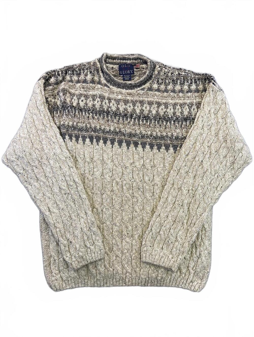 VTG Old Glory Cable Knit Sweater Size L Grey Cream Fair Isle Grandpa 90s